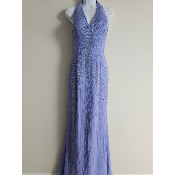 Alyce Designs Gown Womens 14 Purple Beaded Halter Whimsical Prom Dress 90s Silk - Picture 1 of 12